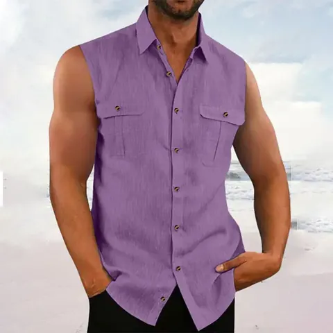 Men Casual Cotton Sleeveless Shirt Utility Pockets Lapel Button Down Top Solid Color Breathable Summer Workwear Beach Shirt