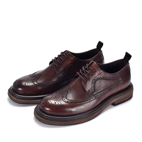 Men's Genuine Leather Brogue Oxford Shoes British Vintage Wingtip Business Formal Shoes Groom Wedding Dress Shoes With Rubber Sole