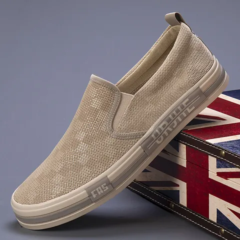 Men Casual Flyknit Mesh Sneakers Breathable Slip On Skate Shoes Soft Sole Walking Footwear For Men