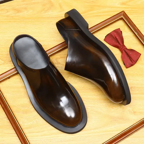 Men Top Grain Cowhide Polished Mules British Style Casual Thick Sole Round Toe Leather Slippers Retro Dress Shoes