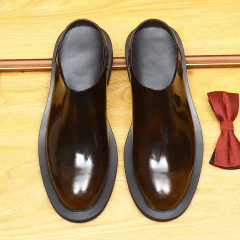 Men Top Grain Cowhide Polished Mules British Style Casual Thick Sole Round Toe Leather Slippers Retro Dress Shoes