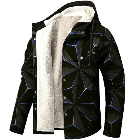 Men's Fleece Lined Hooded Jacket Fashion 3D Geometric Printed Casual Warm Outerwear Loose Fit Snap Button Jacket Top