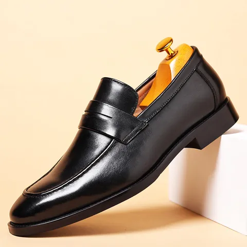 Mocasines de Cuero Genuino para Hombre Primera Capa de Cuero de Vaca Sin Cordones Estilo Británico Casual de Negocios Transpirable Zapatos de Vestir Hombre