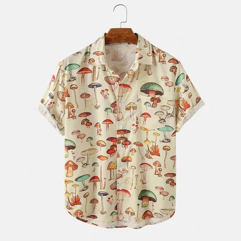 Men Hawaii Style Mushroom Print Shirt Summer Casual Short Sleeve Beach Top Polyester Button Down Lapel Loose Hawaiian Vacation Apparel