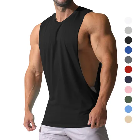 Men Summer Sports Tank Top Wide Shoulder Solid Color Sleeveless Vest Loose Fit Deep Side Split Muscle Top For Gym Workout Casual Wear