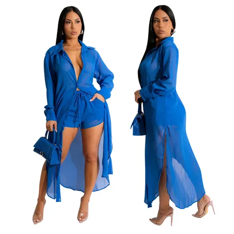 Women Sheer Chiffon Beach Top And Bottom Sexy Long Sleeve Open Front Robe High Waist Shorts Solid Color Vacation Swimwear Cover Up