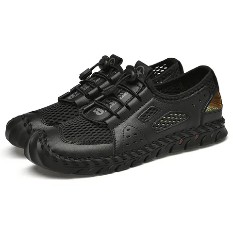 Men Outdoor Wading Sandals Breathable Microfiber Mesh Closed Toe Water Shoes Hand-Stitched Non-Slip Beach Shoes Large Size