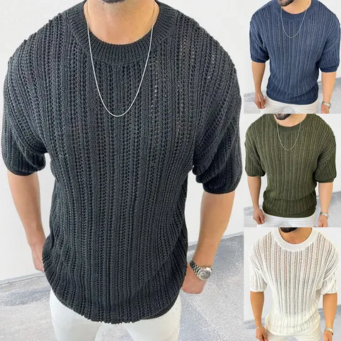 Men's Slim Fit Hollow Out Knitwear Short Sleeve Pullover Summer Breathable Thin Knit Sweater Top Casual Style