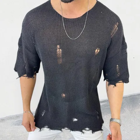 Men Hollow Out Round Neck Short Sleeve Knit Sweater Summer Distressed Pullover Top Streetwear Fashion Casual Male Knitwear