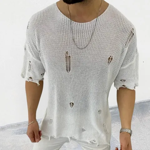 Men Hollow Out Round Neck Short Sleeve Knit Sweater Summer Distressed Pullover Top Streetwear Fashion Casual Male Knitwear