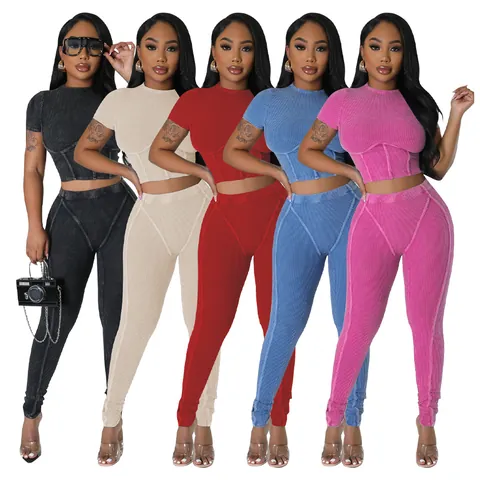 Women Sexy Ribbed Sport Set Round Neck Slim Fit Top And Bottom Casual Workout Outfits Skinny Yoga Pants Leggings Two Piece Clothing