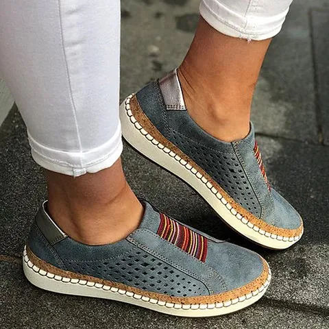 Damen Durchbrochene Atmungsaktive Freizeitschuhe Laser Geschnittenes PU-Leder Regenbogen Elastikband Flachschuhe Korkstruktur