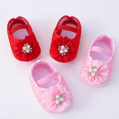 Newborn Baby Girl Princess Shoes Soft Sole First Walkers Lace Chiffon Flower Artificial Pearl Rhinestone Wedding Christening Shoes