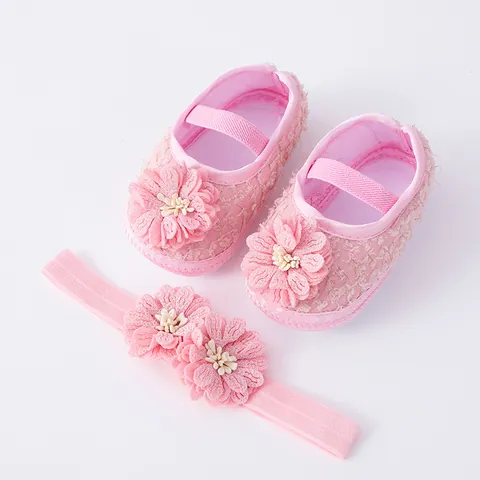 Set de Diadema de Flores y Zapatos de Suela Blanda para Bebé Niña Recién Nacida Zapatos de Primeros Pasos con Encaje Floral