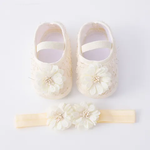 Set de Diadema de Flores y Zapatos de Suela Blanda para Bebé Niña Recién Nacida Zapatos de Primeros Pasos con Encaje Floral