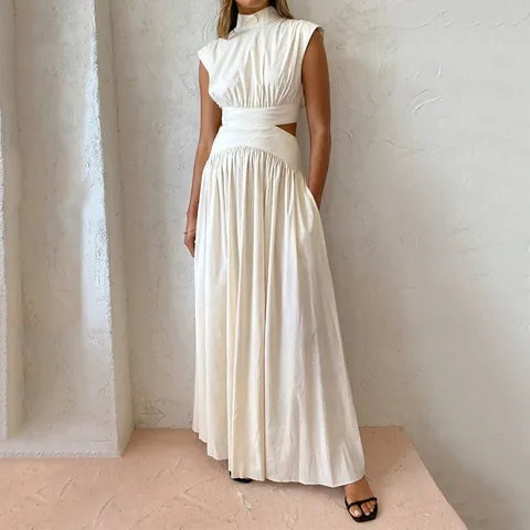 Women Summer Elegant Sleeveless Cut-out Maxi Dress High Neck Pleated Satin Dress Long Waistless Holiday Party Gown
