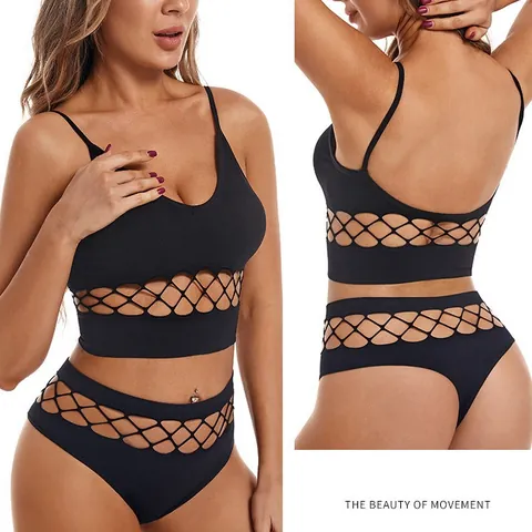 Women Sexy Hollow Out Lingerie Set Wire Free Push Up Sports Bra And Panty Set Breathable Nylon Seamless Underwear