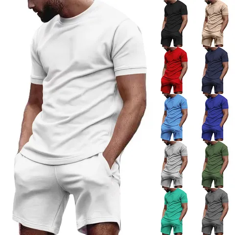 Men's Summer Casual Sports Top And Bottom Polyester Cotton Blend Short Sleeve Crew Neck Athletic Outfit For Daily Wear