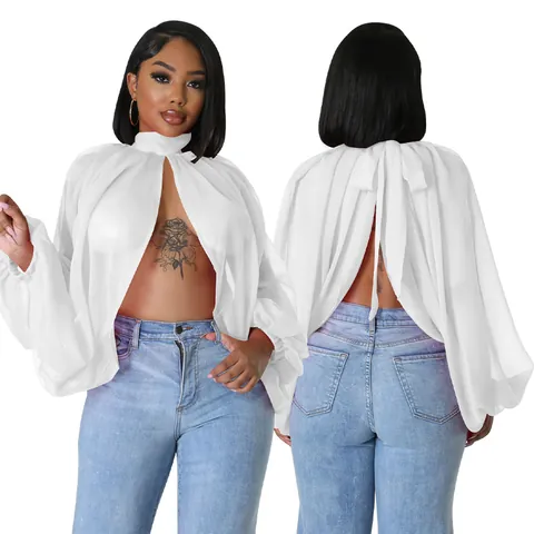 Blusa in Chiffon Sexy da Donna Trasparente Maniche a Pipistrello Scollo con Lacci Tinta Unita Streetwear Moda Festa Top