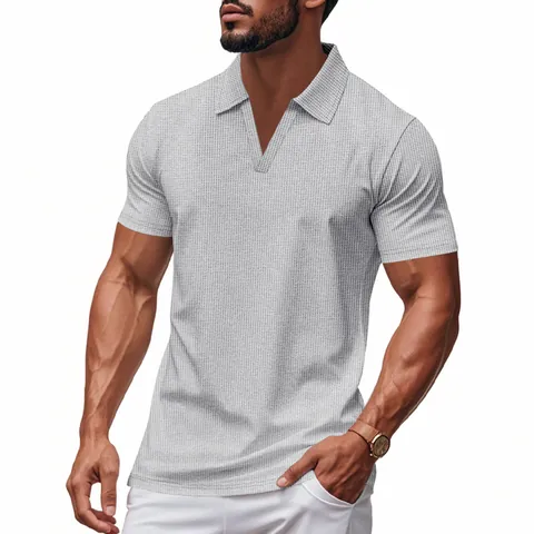 Heren Casual Losse Pasvorm Wafelbrei Poloshirt Effen Kleur Omslagkraag V Hals Korte Mouw Sportief Ademend Top
