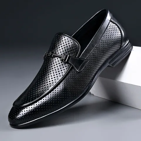 Mocasines de Cuero Casuales de Negocios para Hombre Transpirables Calados Zapatos de Verano Hebilla de Metal Ligeros para Oficina Boda Fiesta