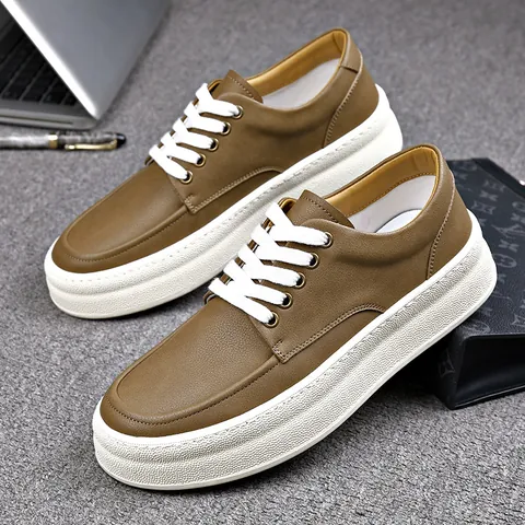 Herren Casual Echtes Leder Weiße Schuhe Komfortable Plateau Schnürschuhe Britische Mode Trendy Atmungsaktive Herrenschuhe