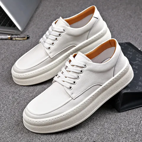 Herren Casual Echtes Leder Weiße Schuhe Komfortable Plateau Schnürschuhe Britische Mode Trendy Atmungsaktive Herrenschuhe