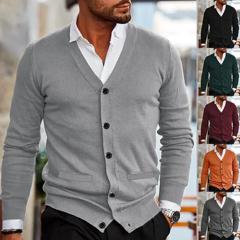 Cardigan da Uomo Slim Fit con Scollo a V In Maglia Con Tasche Manica Lunga Bottoni Acrilico Casual Business Inverno