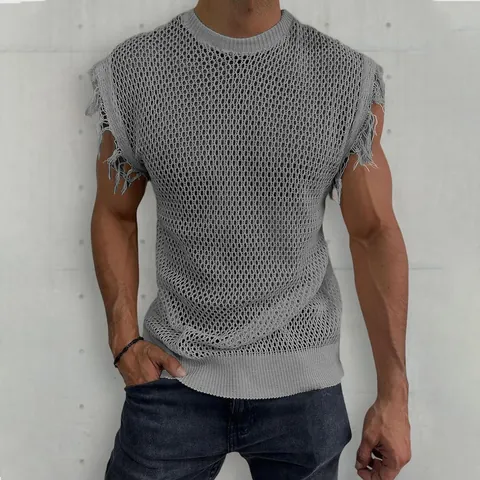 Men Knitted Tank Top Hollow-out Mesh Muscle Vest Round Neck Sleeveless Breathable Solid Color Acrylic Polyester Summer Top