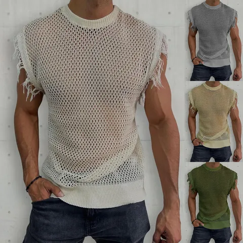 Men Knitted Tank Top Hollow-out Mesh Muscle Vest Round Neck Sleeveless Breathable Solid Color Acrylic Polyester Summer Top