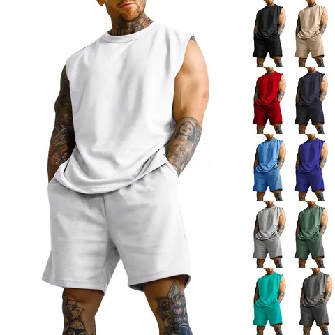Men's Sleeveless Sportswear Top And Bottom Breathable Polyester Cotton Blend Solid Color Gym Fitness Vest Shorts Casual Summer Male Outfit