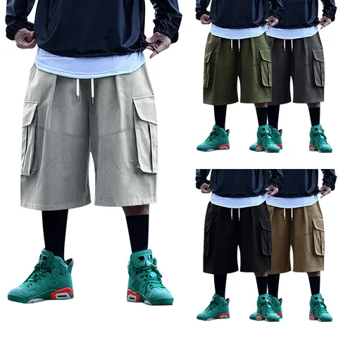 Men's Retro Oversized Cargo Shorts Multi-Pocket Drawstring Summer Casual Polyester Cotton Blend Shorts Loose Work Pants
