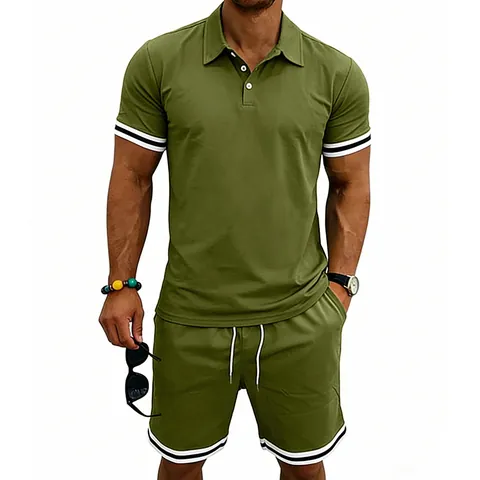 Men British Style Polo Set Summer Casual Sporty Top And Bottom Contrast Striped Short Sleeve Shirt Drawstring Shorts Outfit