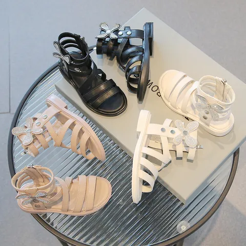 Girls Fashion Roman Sandals With Rhinestone Butterfly Bow High Top Princess Summer Sandals For Kids