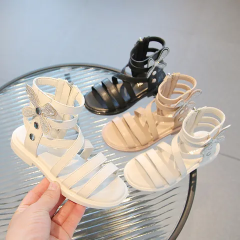 Girls Fashion Roman Sandals With Rhinestone Butterfly Bow High Top Princess Summer Sandals For Kids