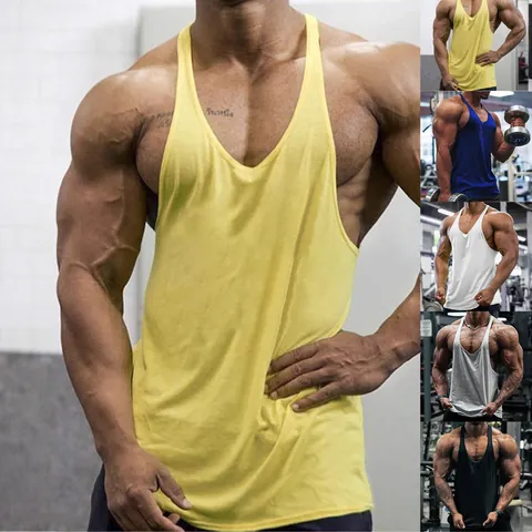 Herren Baumwolle Sport Stringer Tanktop Gym Fitness Laufen Racerback Einfarbig Runder Saum Workout Top