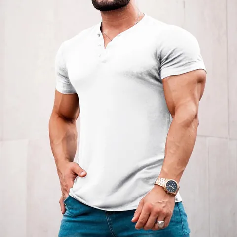 Men Polyester Short Sleeve Henley T-Shirt Athletic Slim Fit Solid Color Breathable Casual Top For Summer Everyday Wear