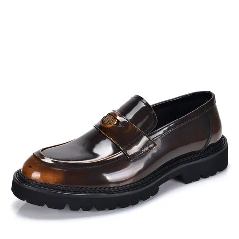 Men Business Casual Leather Shoes British Style Round Toe Slip On Loafers Glossy Patent Leather Thick Sole Shoes For Men