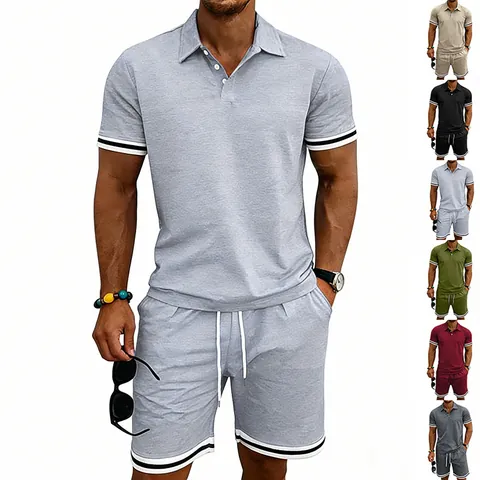 Men British Style Polo Set Summer Casual Sporty Top And Bottom Contrast Striped Short Sleeve Shirt Drawstring Shorts Outfit