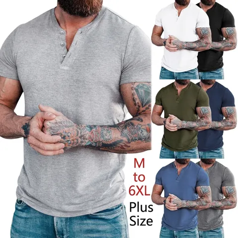 Men Polyester Short Sleeve Henley T-Shirt Athletic Slim Fit Solid Color Breathable Casual Top For Summer Everyday Wear