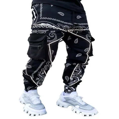 Men Paisley Print Harem Cargo Pants High Street Multi Pocket Joggers Loose Fit Polyester Bottoms Casual Streetwear Trousers