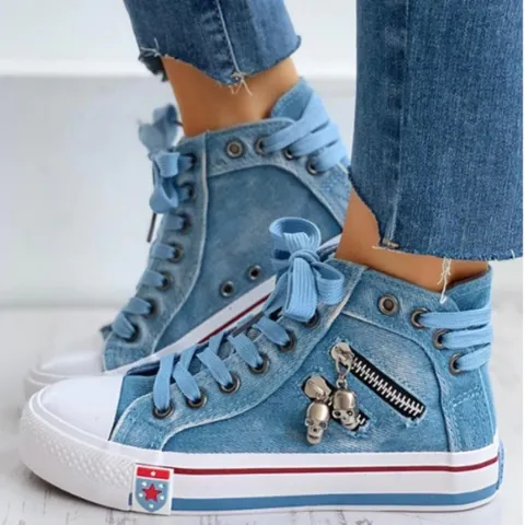 Women High Top Canvas Shoes Denim Style Casual Sneakers Breathable Flat Lace Up Shoes With Skull Pendant Zipper Decoration