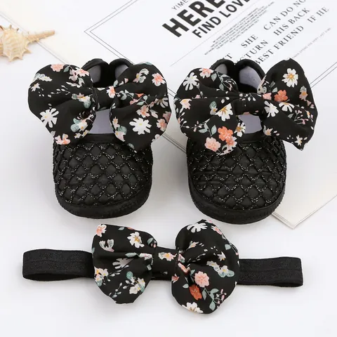 Infant Baby Girl Princess Shoes And Headband Set Soft Sole First Walkers Floral Bowknot Mesh Breathable Newborn Toddler Gift