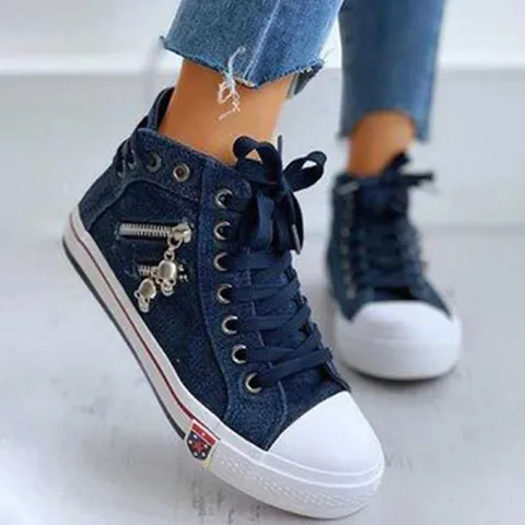 Women High Top Canvas Shoes Denim Style Casual Sneakers Breathable Flat Lace Up Shoes With Skull Pendant Zipper Decoration