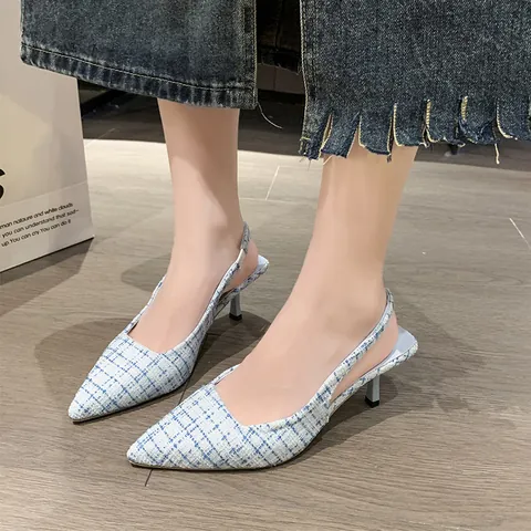 French Style Tweed Pointed Toe Slingback Pumps For Women Elegant Stiletto High Heels Summer Wedding Banquet Party Suede Shoes
