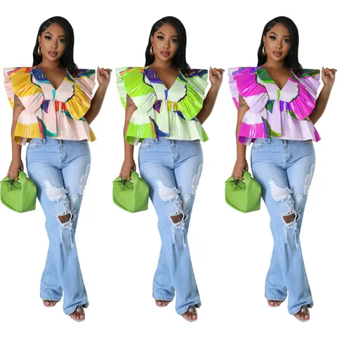 Women Sexy V Neck Geometric Printed Top Ruffle Flutter Sleeve Backless Lace Up Shirt Summer Fashion Polyester Casual Clothing