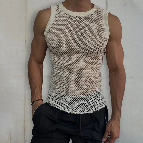 Men's Casual Hollow Out Mesh Knit Tank Top Sleeveless Round Neck Solid Color Breathable Slim Fit Muscle Vest Fashion Streetwear