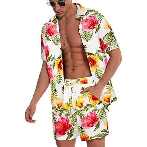 Men's Hawaiian Tropical Floral Print Top And Bottom Casual Summer Short Sleeve Button Down Shirt Shorts Set