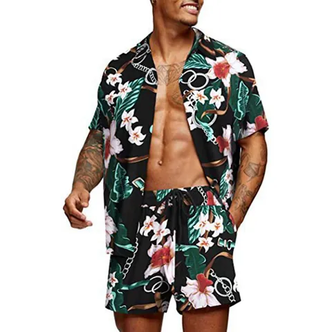 Men's Hawaiian Tropical Floral Print Top And Bottom Casual Summer Short Sleeve Button Down Shirt Shorts Set