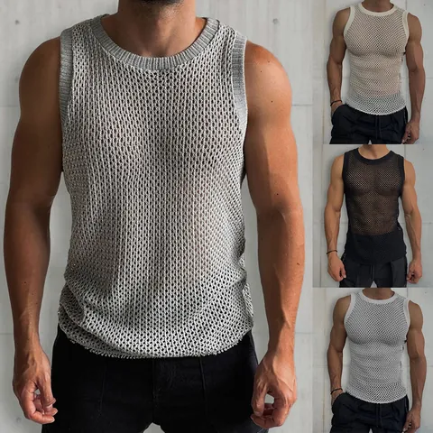 Men's Casual Hollow Out Mesh Knit Tank Top Sleeveless Round Neck Solid Color Breathable Slim Fit Muscle Vest Fashion Streetwear